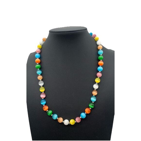 Vntg Glass Cats Eye Necklace Multicolor Pastel Beads Iridescent Collar Boho 18" - Picture 1 of 4